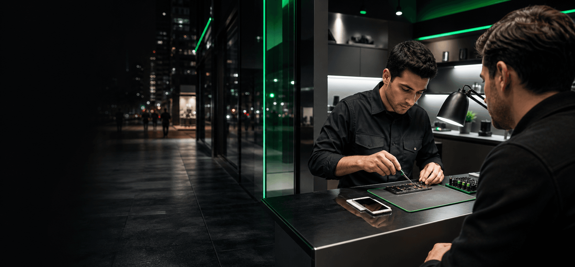 Phone repair technician working in a modern Toronto service setting